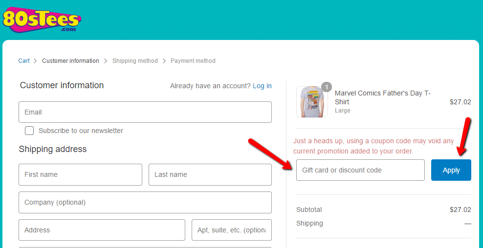 how to apply 80s tees coupon code